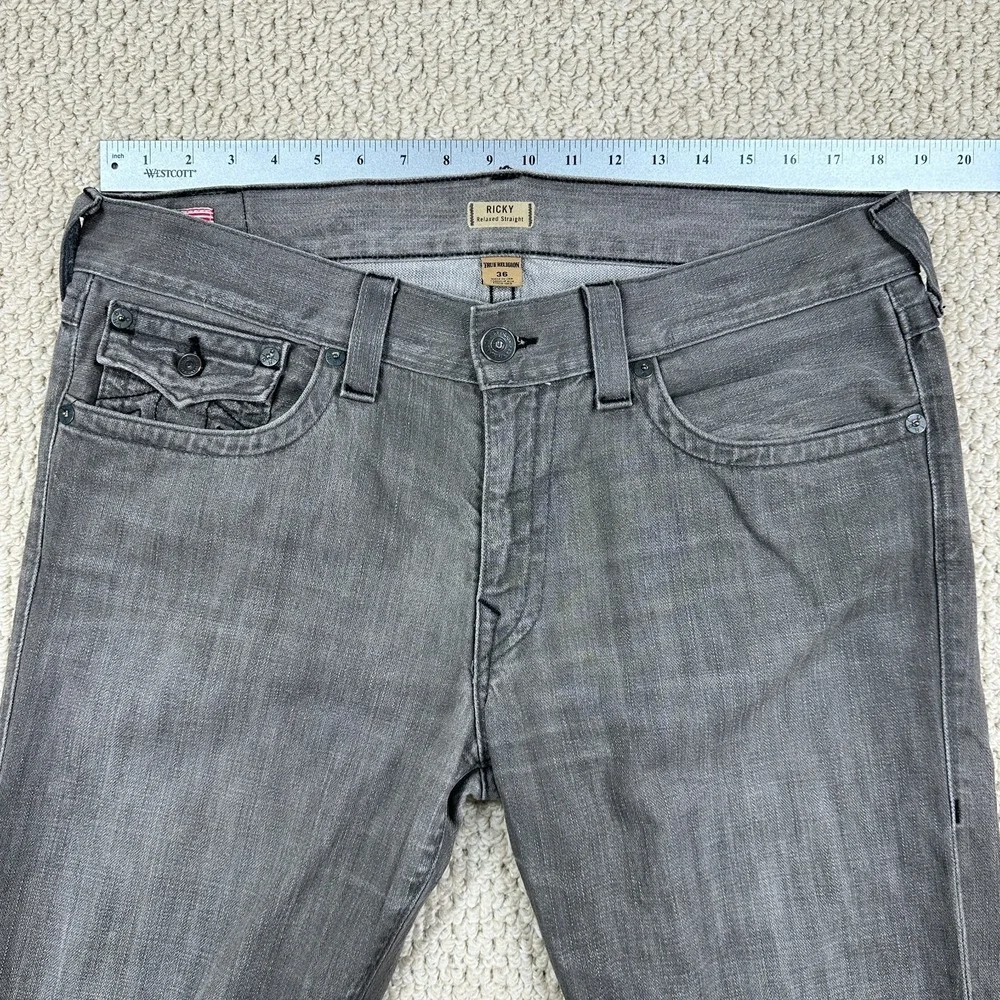 True Religion Jeans 36 (Fits 37x34) Gray Wash Ricky Relaxed Straight Flap Pocket